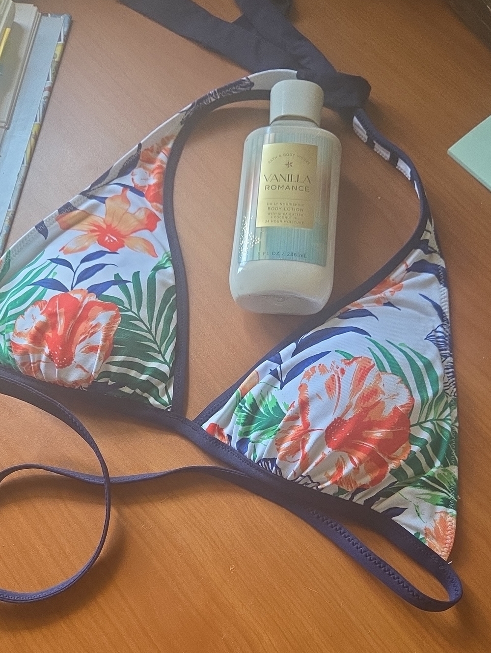 Tropical Floral Triangle Bikini 👙 Top - White with Orange & Green